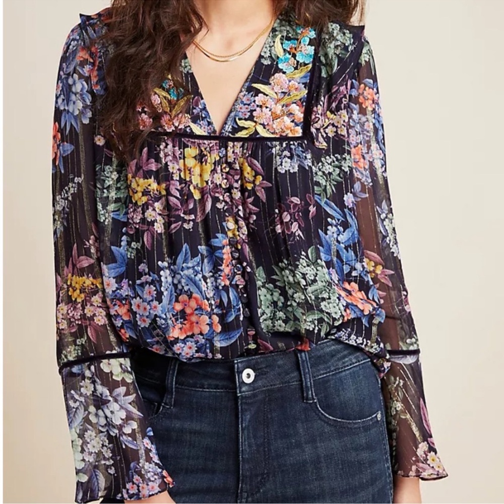 Anthropologie Vineet Bahl Vivienne Embroidered Blouse Metallic